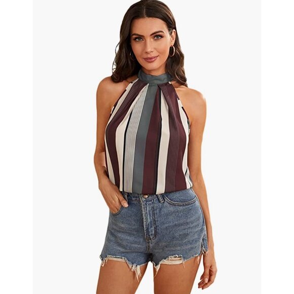 Green Multi Striped Printed High Neck Halter Sleeveless Keyhole Tank‎ Top Blouse - Picture 5 of 7